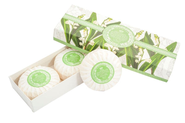 Lily of the Valley Round Soap Plisse Boxed 3-Piece Set.